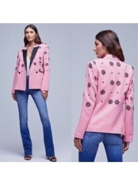 L'Agence Crimson Embellished Crystal Double Breasted Pink Tuxedo Blazer Size 6